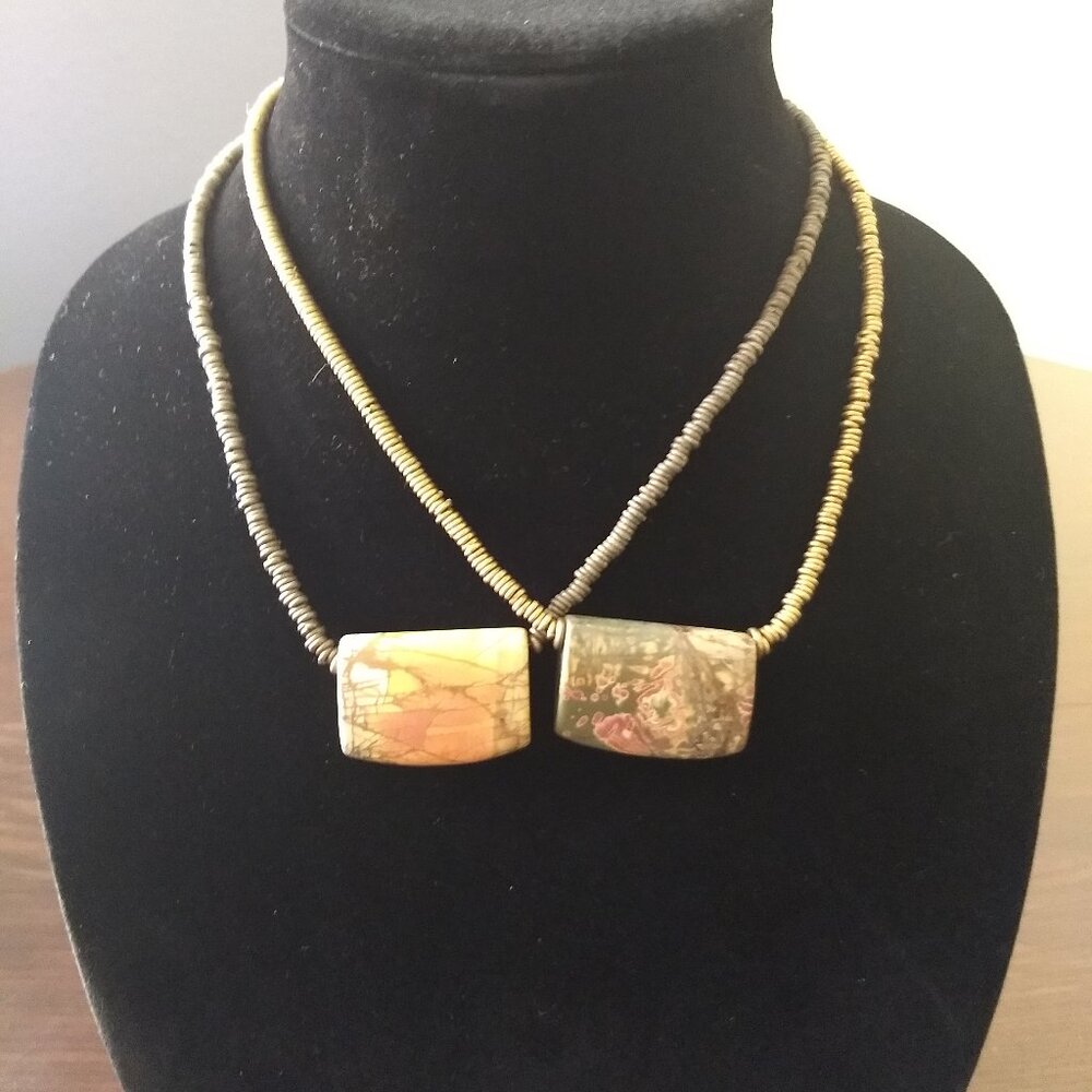 Rectangular Stone Pendant Beaded Necklaces Gold &… - image 1